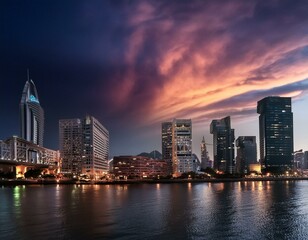 Obraz premium city, night, skyline, cityscape, traffic, downtown, building, urban, light, highway, road, street, sunset, business, architecture, dusk, sky, view, car, skyscraper, china, lights, evening, seattle, sk