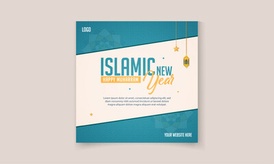 Fototapeta premium Happy Muharram and Islamic New Year greeting poster design template for social media post 