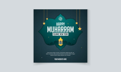 Happy Muharram greeting cad social media post template design with ster and Islamic lantern   © Colorway Studio