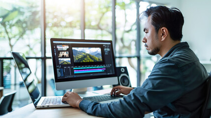 動画編集をするアジア人男性03