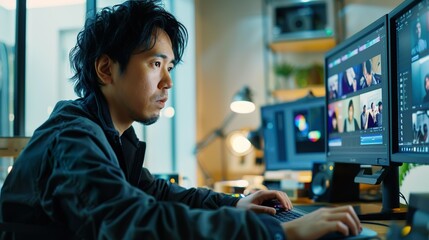 動画編集をするアジア人男性02