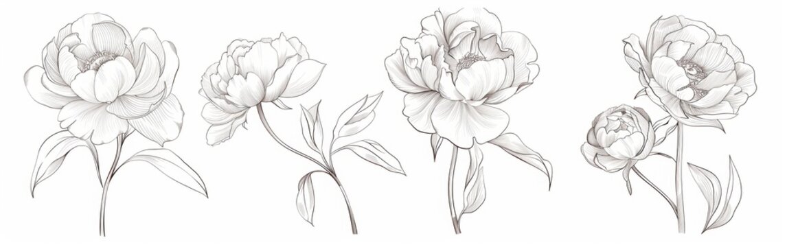 Abstract one line drawing of blooming peonies flowers vector illustration set. Minimalist hand drawn continuous linear art