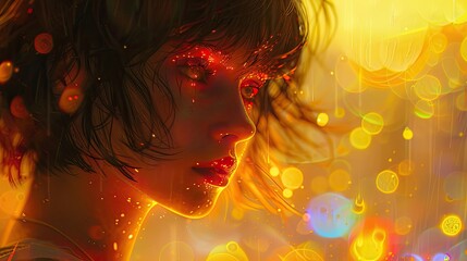 Ethereal Portrait of a Girl with Glowing Eyes in Golden Light and Bokeh Background