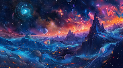 Fototapeta premium Depicts expansive cosmic environments with celestial objects and imaginative science fiction settings. 