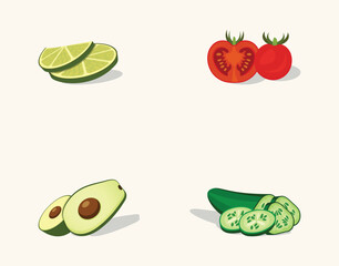 Mexico Delicious Fruit Tomato Lemon Cucumber Illustration Vector Set. Creative Fruit Vegetable Vector Design. Fruit Cucumber Taco Tamales.