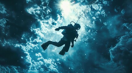 scuba diver under water viewed from below, dark atmosphere