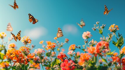 Bright colorful summer spring flower border. Natural landscape with many orange lantana flowers and fluttering butterflies Lycaena phlaeas against blue sky on sunny day.