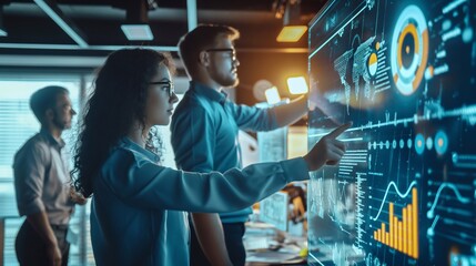 Path to Success: Business Professionals Utilize Electronic Hologram to Strategize Trade Directions and Enhance Profitability. A group of people in an office solves problems, trade for investments