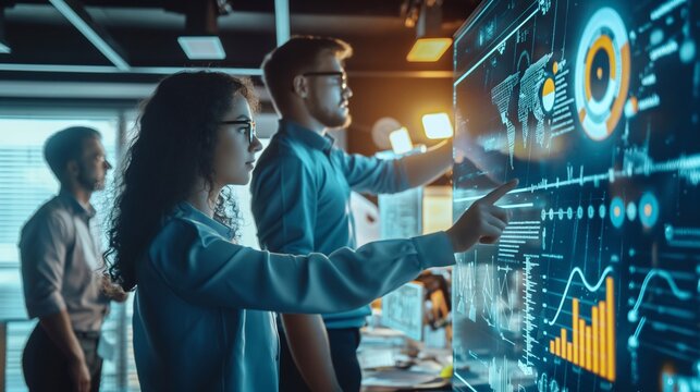 Path to Success: Business Professionals Utilize Electronic Hologram to Strategize Trade Directions and Enhance Profitability. A group of people in an office solves problems, trade for investments