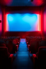 Obraz premium Empty Movie Theater Seats Under Blue And Red Lights