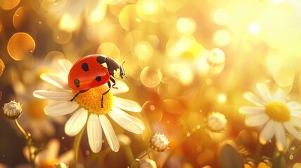Beautiful natural background of golden color with chamomile and ladybug macro. Colorful elegant gentle tender artistic image of a hot sunny summer outdoors nature.