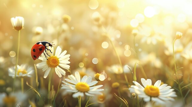 Beautiful natural background of golden color with chamomile and ladybug macro. Colorful elegant gentle tender artistic image of a hot sunny summer outdoors nature.