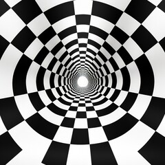 A black and white checkered tunnel with a white light shining through it