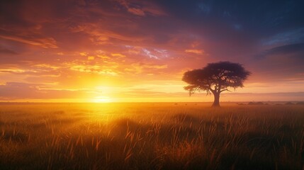 Fototapeta premium /imagine A stunning savanna at sunrise, with the golden light illuminating the grasslands and a lone acacia tree silhouetted against the vibrant sky.