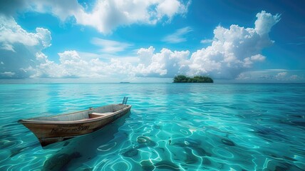 Obraz premium Boat in turquoise ocean water against blue sky with white clouds and tropical island. Natural landscape for summer vacation, panoramic view.