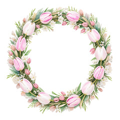 Fototapeta premium Watercolor Pink Tulips, Tulip flower wreath laurel. Decoration for weddings, wedding design, wedding invitation. AI generated art. 