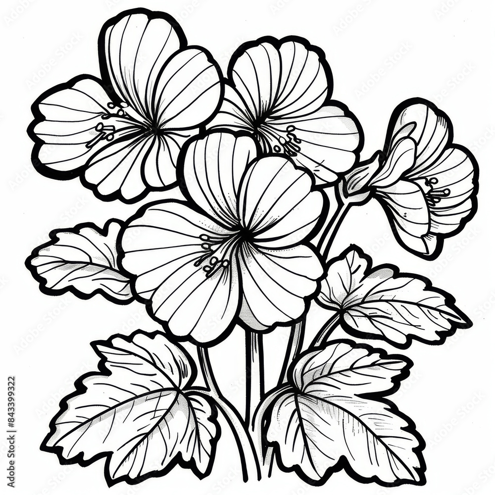 Wall mural black and white illustration of blooming geranium flowers with detailed petals and leaves, showcasin