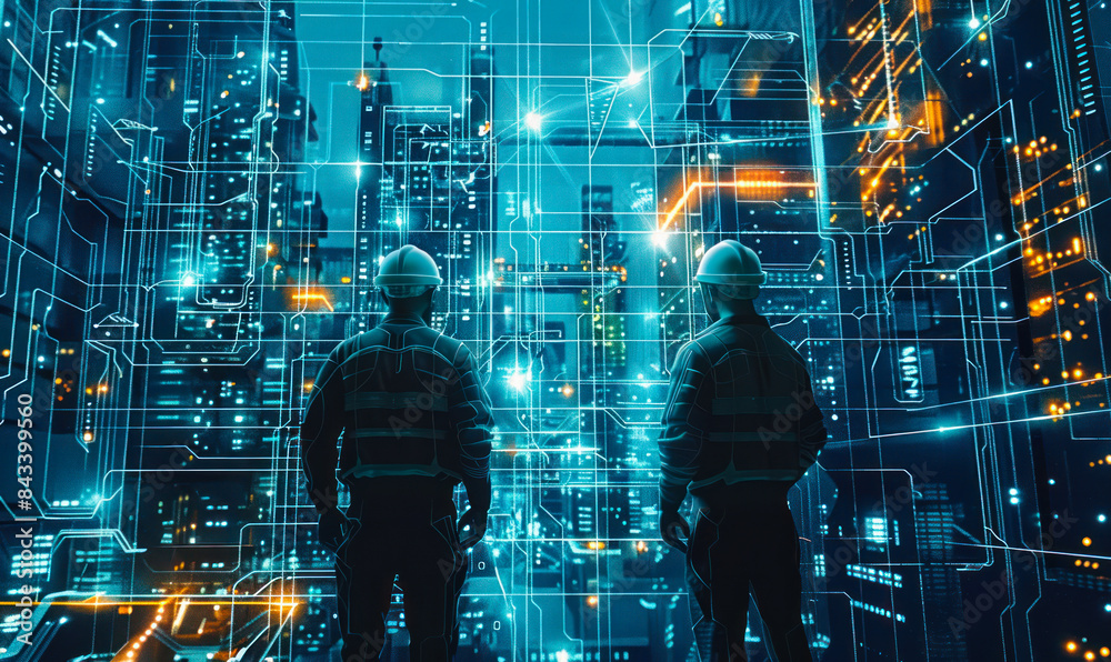 Poster silhouettes of engineers analyzing complex architectural blueprints and cad designs on a futuristic 