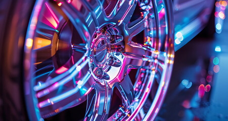 Close up image of a brand new and shiny chrome wheel rim