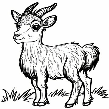 recommend clip art: Charming black and white illustration of a young goat standing on grass, ideal for coloring books and educational materials.