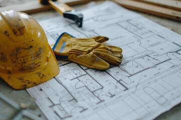 A close-up of a blueprint with a safety helmet and construction gloves nearby