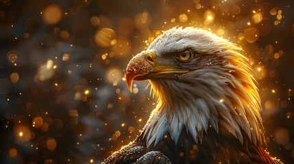 In ultra HD, a bald eagle illuminated by warm light stands proudly against a backdrop of fireworks and the USA flag, showcasing the powerful symbolism of patriotism in stunning clarity.