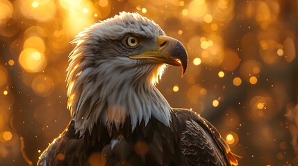 Ultra HD image of a bald eagle bathed in warm light, set against a backdrop of dazzling fireworks and the USA flag, capturing the majestic and patriotic essence of the scene with stunning clarity.