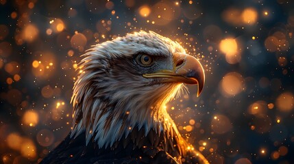 Warmly lit ultra HD portrayal of a bald eagle with vibrant fireworks and the USA flag in the background, highlighting the majestic and patriotic ambiance in exquisite detail.