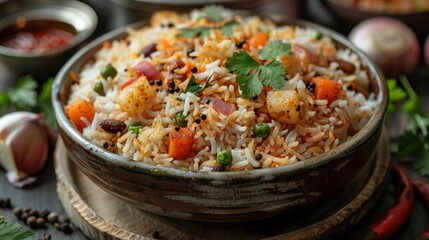 A delicious bowl of vegetable biryani, featuring colorful rice, and vegetables