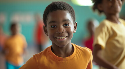 Happy elementary school student against the backdrop of the school gym and classmates before the start of a physical education lesson