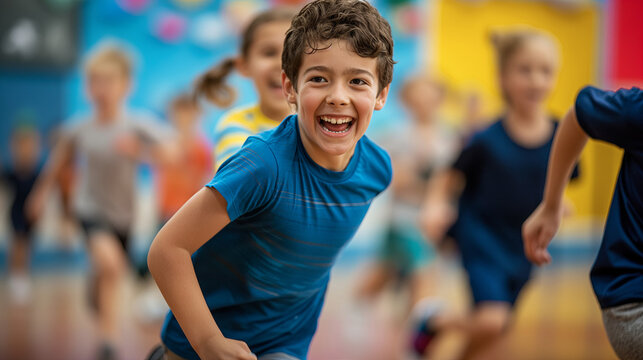 Portrait of a laughing boy running with friends in the gym while playing ball, physical education class in elementary school