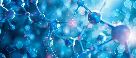 Close-up of molecular structure with blue glowing light background. Scientific research and advanced technology concept.