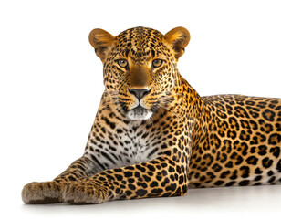 Obraz premium Leopard liegend isoliert auf weißen Hintergrund, Freisteller