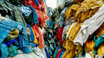 A huge colorful pile of used clothes, environment awareness and social issues concept.