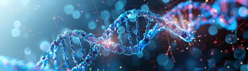 Close-up view of a glowing DNA double helix on a blue background, representing genetic science, biotechnology, and molecular biology concepts.