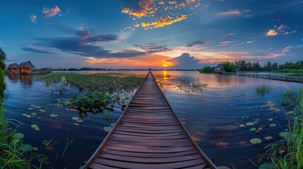 Scenic Wooden Bridge Over Lake at Sunset 