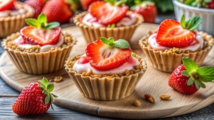 Develop a mouthwatering photo with neural network enhancements, focusing on strawberry yogurt granola cups, highlighting the textures and colors of this perfect summer treat
