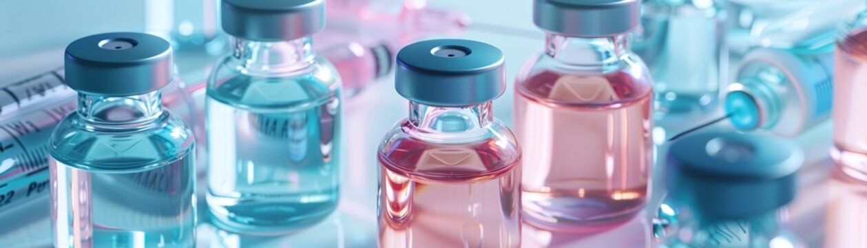 Close-up of medical vials with colorful liquids and syringes, representing pharmaceutical research and vaccine development.