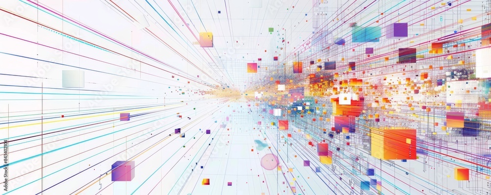 Poster abstract representation of data flow in digital network with colorful lines and blocks