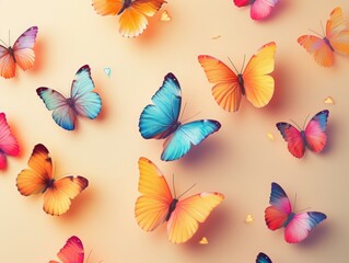 A variety of colorful butterflies flutter against a beige background.