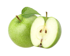 green apple (granny smith apple) with leaves and half  isolated, transparent PNG, PNG format, cut out