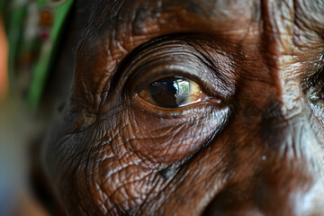 Skin wrinkles around the eye of African elder woman, Closeup view