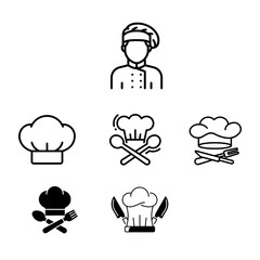 Chef in a cooking hat vector outline logo. Kitchen simple black icon. Set chef hat logo. chef hat vector design template. Photorealistic vector illustration of a modern white chef hat,

