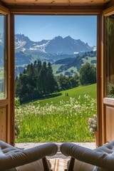 Fototapeta premium Open Door View of Mountainous Landscape With Chairs and Flowers