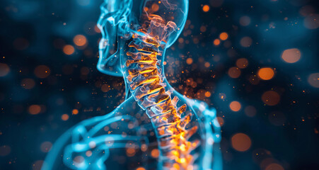 Human spine highlighted under an AI generated X-ray isolated on a blue background. Reports for medical examination