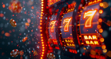 Jackpot streak 777 on slot machine, concept of winning big in a casino 