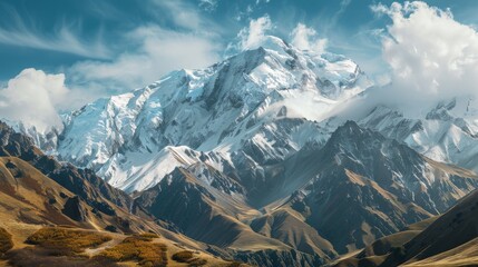 Breathtaking view of snow-capped mountains under a blue sky with fluffy clouds, showcasing nature's beauty and wilderness. - Powered by Adobe