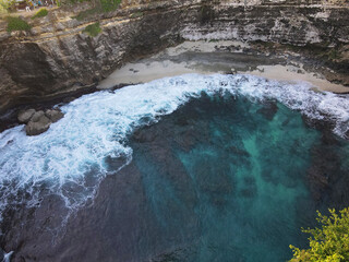 Panoramic Aerial view of Kelingking Beach in Nusa Penida island, Bali, Indonesia