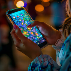 mobile gaming concept: hands with a smartphone with game on screen