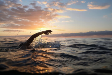 A single swimmer in open water, lake, sea ocean at sunset.
